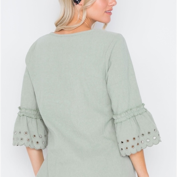 📦 MOVE OUT SALE - Embroidered Bell Sleeve Boho Top in Sage Green - Picture 3 of 8